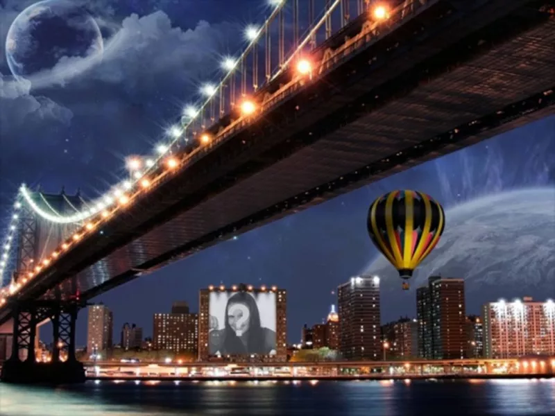 Fotomontaje en un cartel publicitario de un edificio junto a un globo y un puente. ..