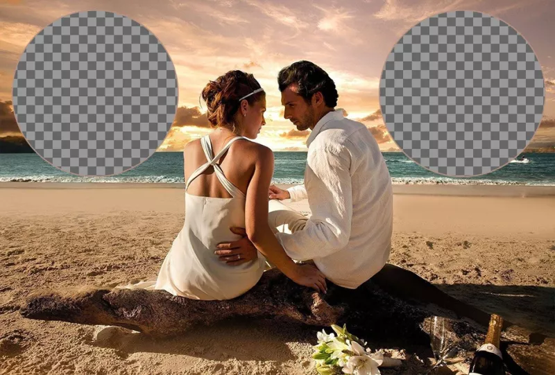 Collage romántico con una pareja junto a la playa celebrando su reciente boda. ..
