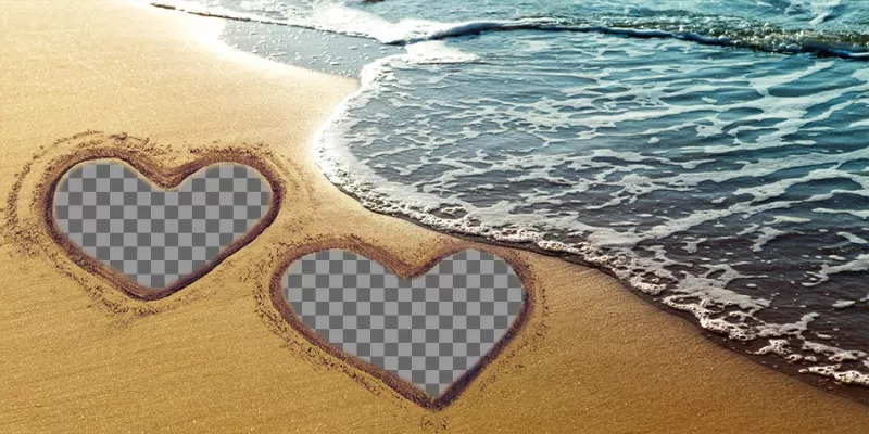Collage con dos corazones marcados sobre la arena. ..