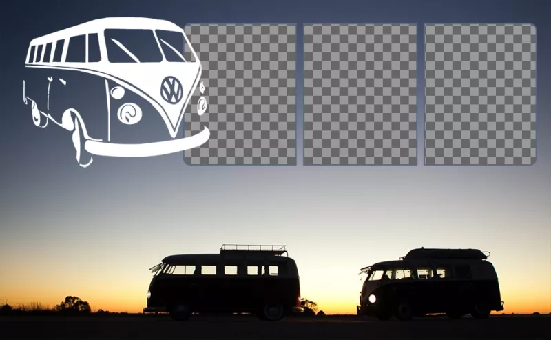 Collage de furgonetas de viaje con tres marcos para fotos con una furgoneta de moda en blanco. ..