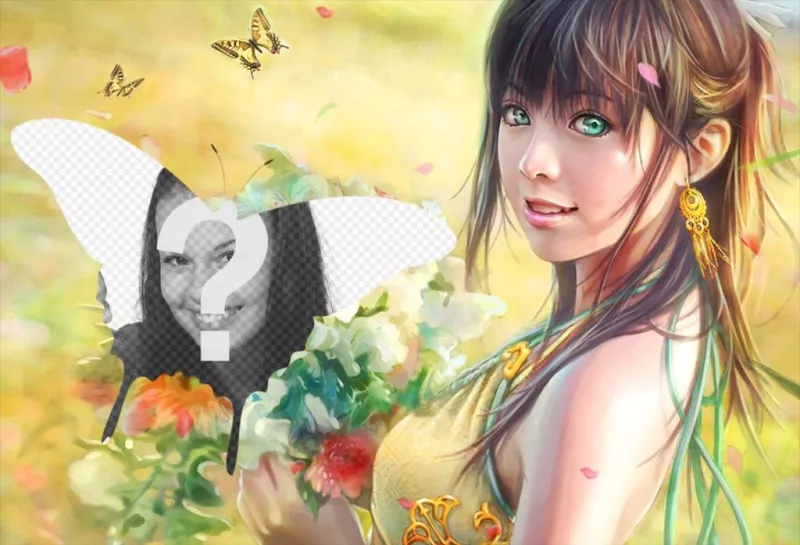 Collage con mariposas y el dibujo de una chica recogiendo flores en el campo. ..