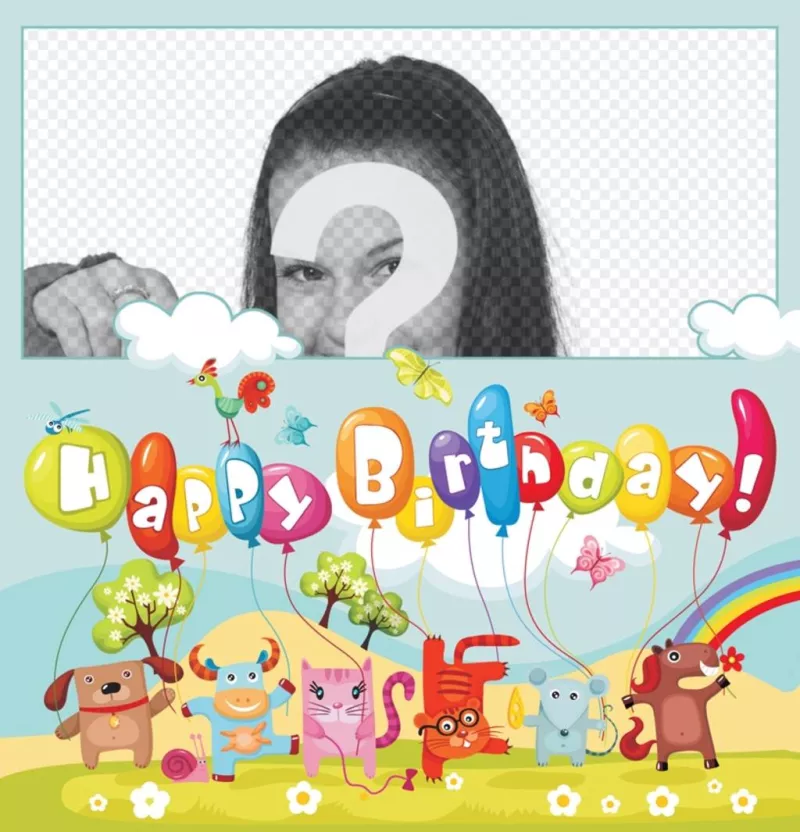 Tarjeta colorida llena de animalitos y globos para desear feliz cumpleaños. ..
