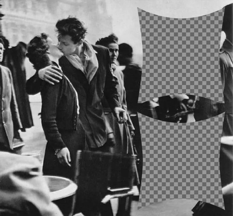 Collage para dos fotografías con una escena de romance en París de los años 50. ..
