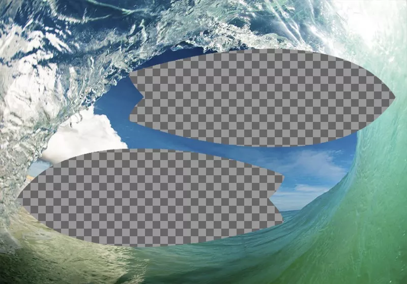 Collage de surfing entre olas y dos marcos de foto en forma de tabla de surf. ..