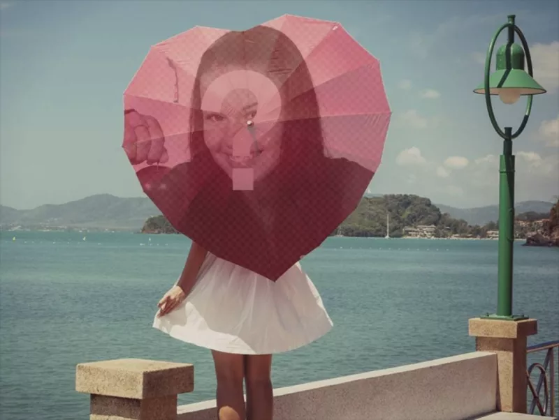 Paraguas en forma de corazón con tu foto en un fondo romántico. ..