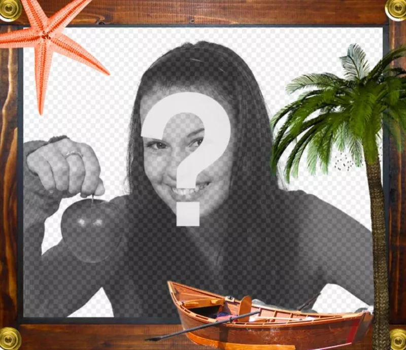 Tu foto en un marco de madera marítimo con una estrella de mar, un barco y una palmera. ..