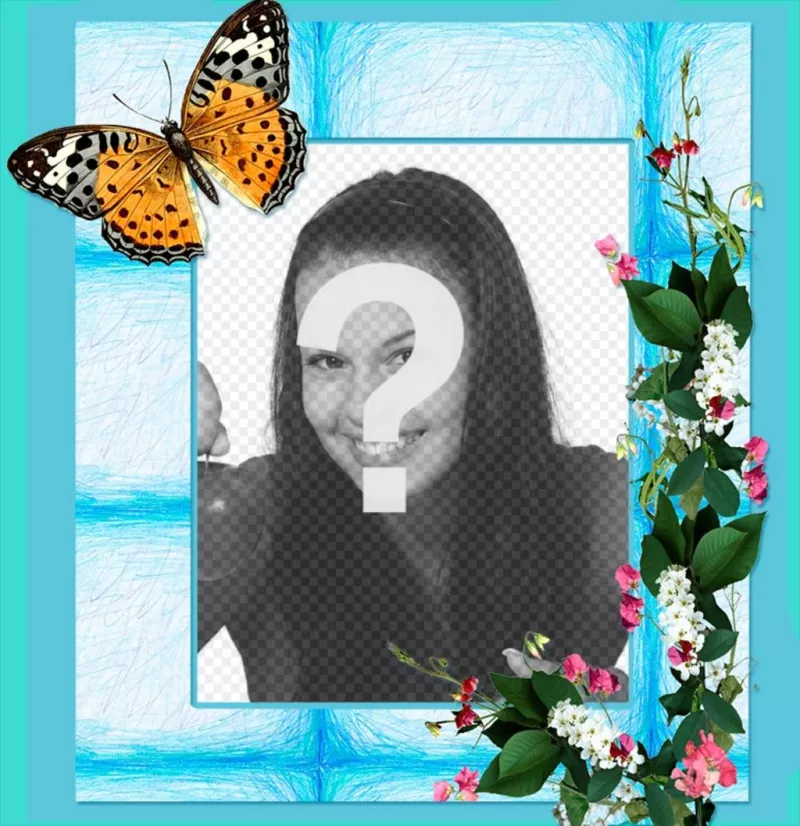 Marco para tus fotos con flores y una gran mariposa sobre fondo azul. ..