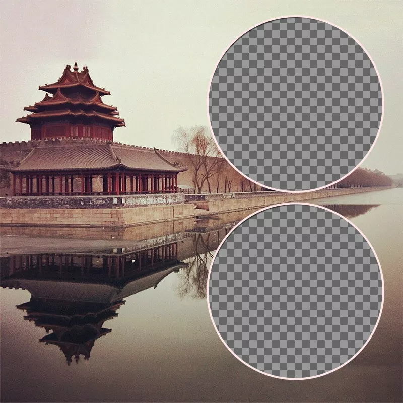 Collage para dos fotos con un paisaje de la Ciudad Prohibida de China ..