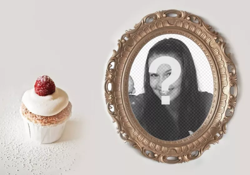 Collage de un marco de fotos dorado con un cupcake ..