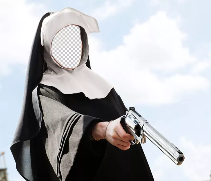 Divertido fotomontaje de una monja con una pistola en la mano ..