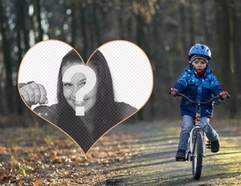 Marco de fotos de un niño con bicicleta y tu foto en un corazón. ..