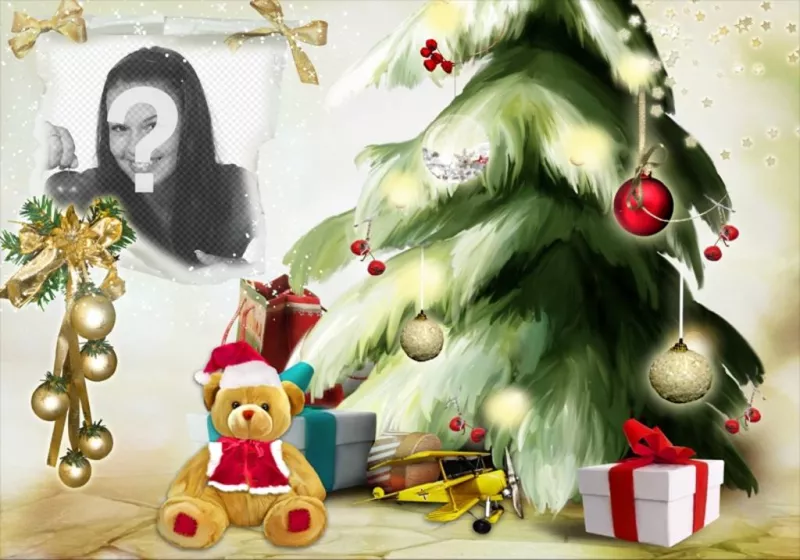 Fotomontaje de Navidad con un árbol y un osito navideño. ..