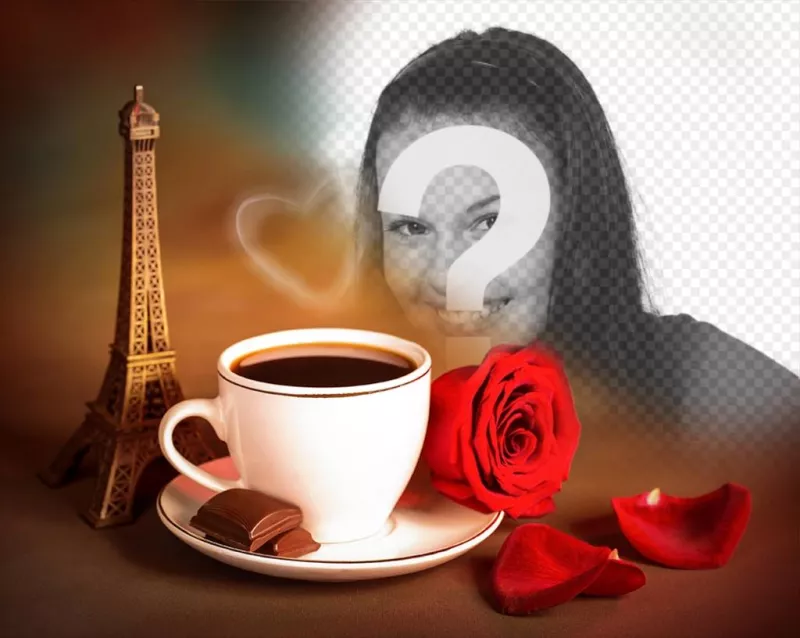Fotomontaje de amor con la torre Eiffel de Paris y un café. ..