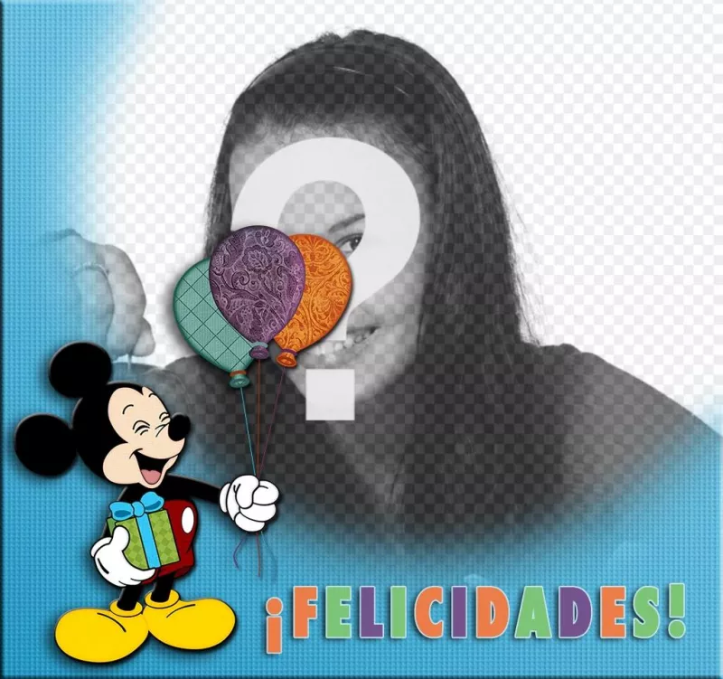 Tarjeta para felicitar con Mickey Mouse y unos globos de colores ..