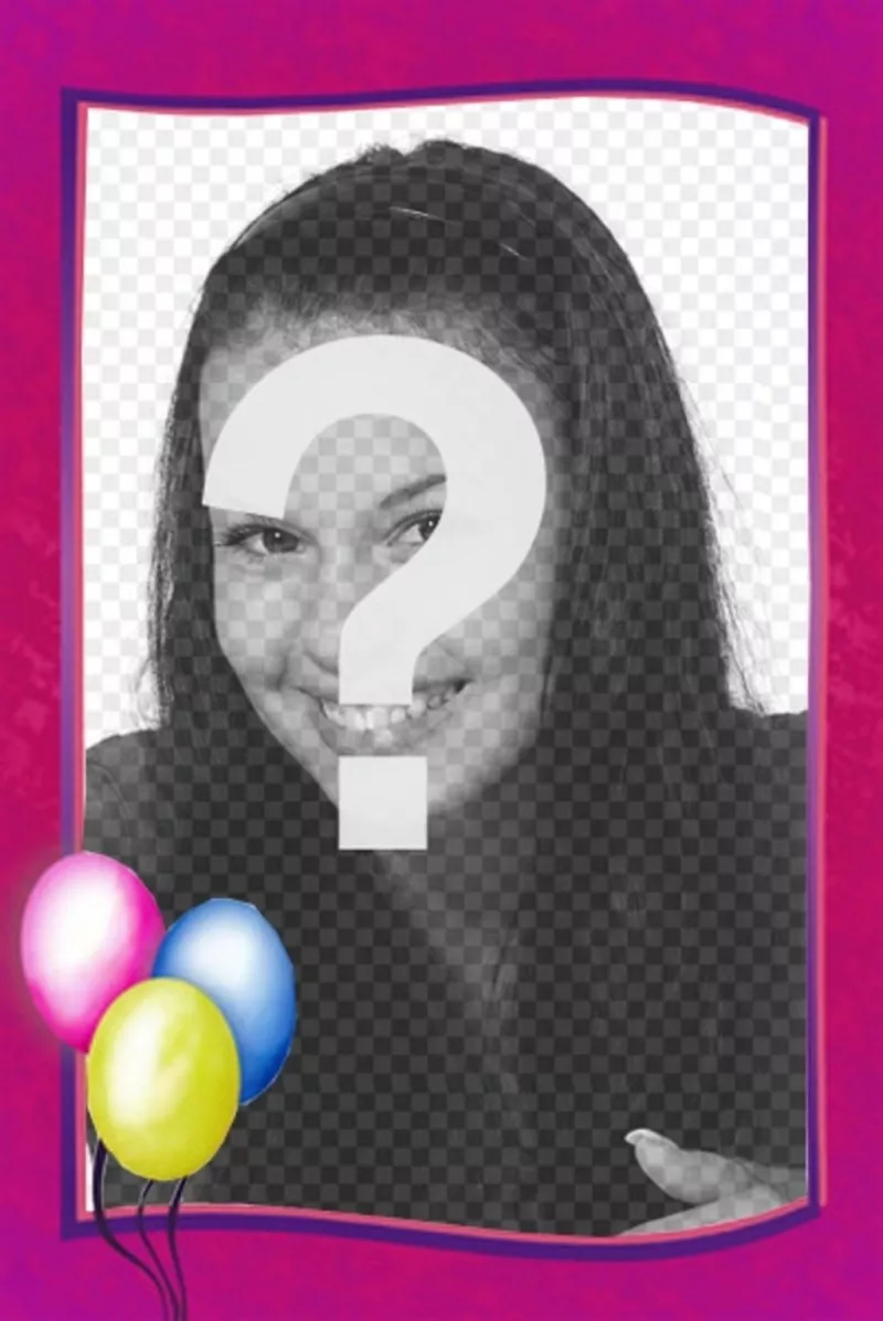 Marco para fotos de cumpleaños que puedes utilizar como postal, borde rosa con globos de colores en una..