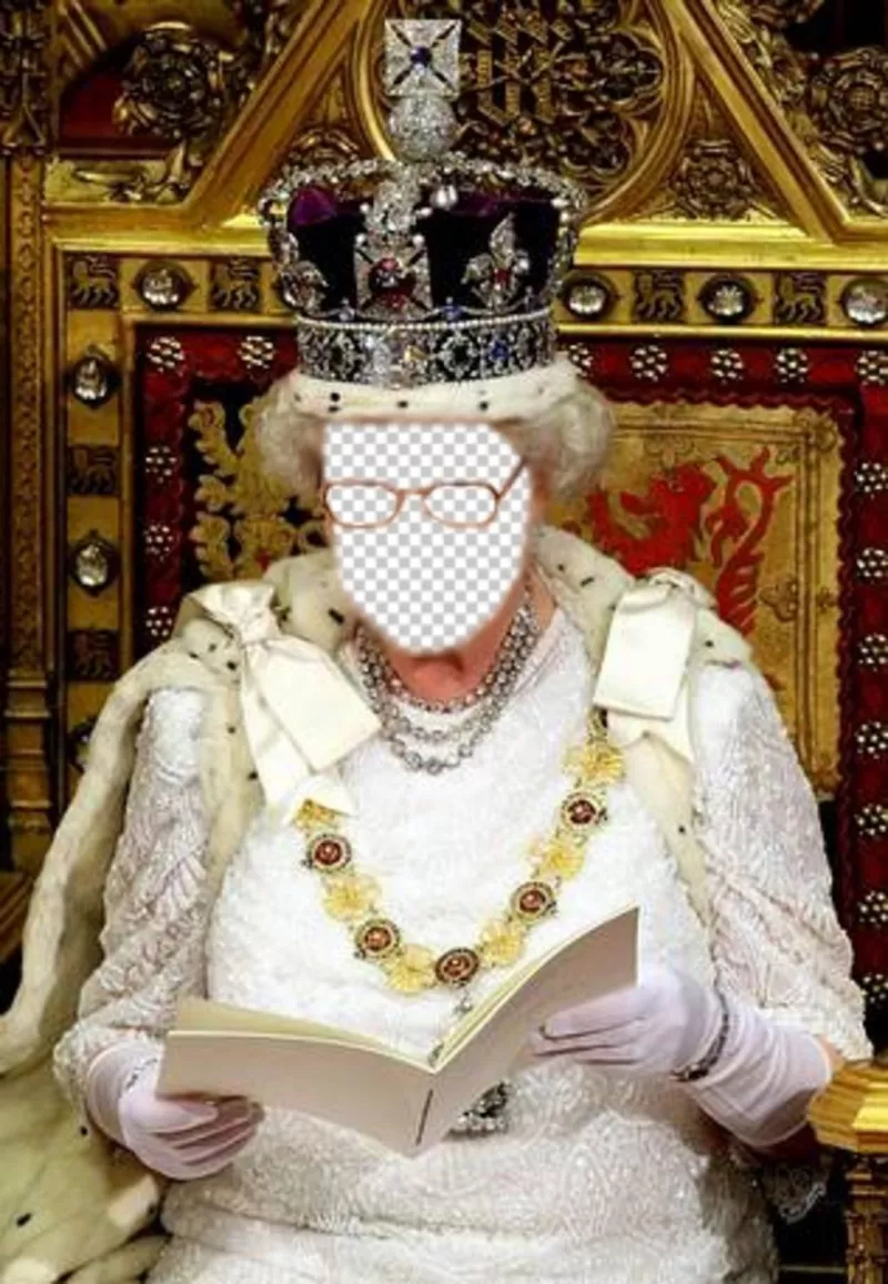 En este fotomontaje serás la Reina Isabel de Inglaterra  sentada en su trono real ..