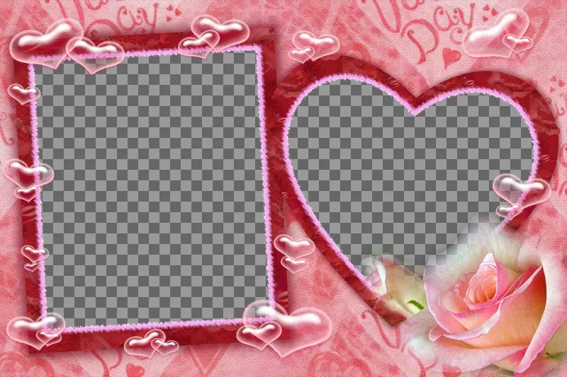 Marco para dos fotografías, una cuadrada y otra en forma de corazón, fondo rosa y burbujas de corazones. Ideal para el día de los..