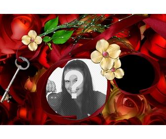 marco fotografias regalale llave corazon composicion flores rosas rojo dorado