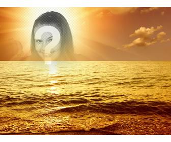 fotomontaje puesta sol marina cara o recorte imagen aparece centro astro rey banando un resplandor dorado un mar ligero oleaje