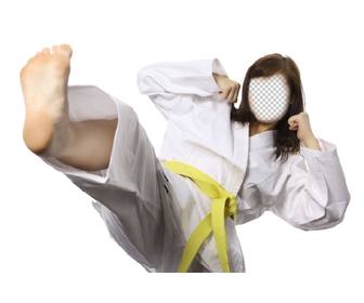 fotomontaje chica practicando karate un kimono blanco