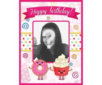 postal cumpleanos personalizable decorada dibujos kawaii rosas pasteles cara sonriente