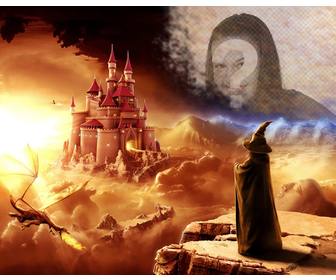 crea un collage online un mundo fantasia un mago mirando un castillo un dragon