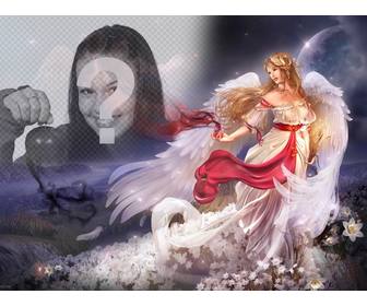crea un collage online un angel alado forma mujer un mundo fantasia rodeada flores