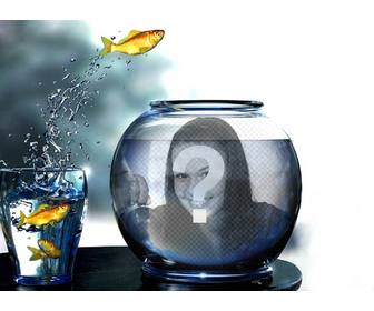 crea un fotomontaje pecera llena agua peces amarillos saltando un vaso pondras fotografia