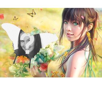 collage mariposas dibujo chica recogiendo flores campo