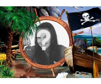 collage fotos piratas bandera un barco tesoros poner foto un timon