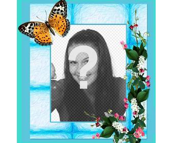 marco fotos flores gran mariposa fondo azul