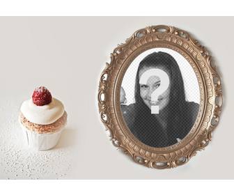 collage un marco fotos dorado un cupcake