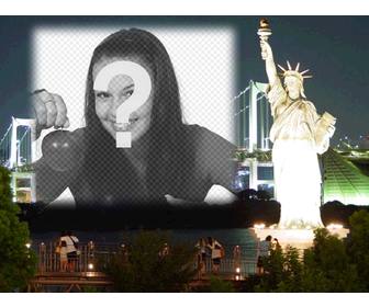 fotomontaje postal personalizada fotografia nueva rk noche fondo primer plano estatua libertad