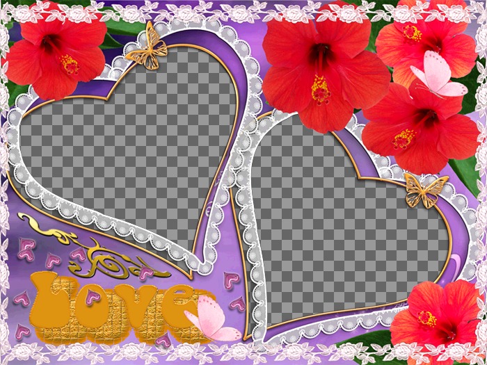 Composición de dos marcos para fotos en forma de corazón, aparecen flores y mariposas. Ideal para representar el amor de una pareja. Fondo..