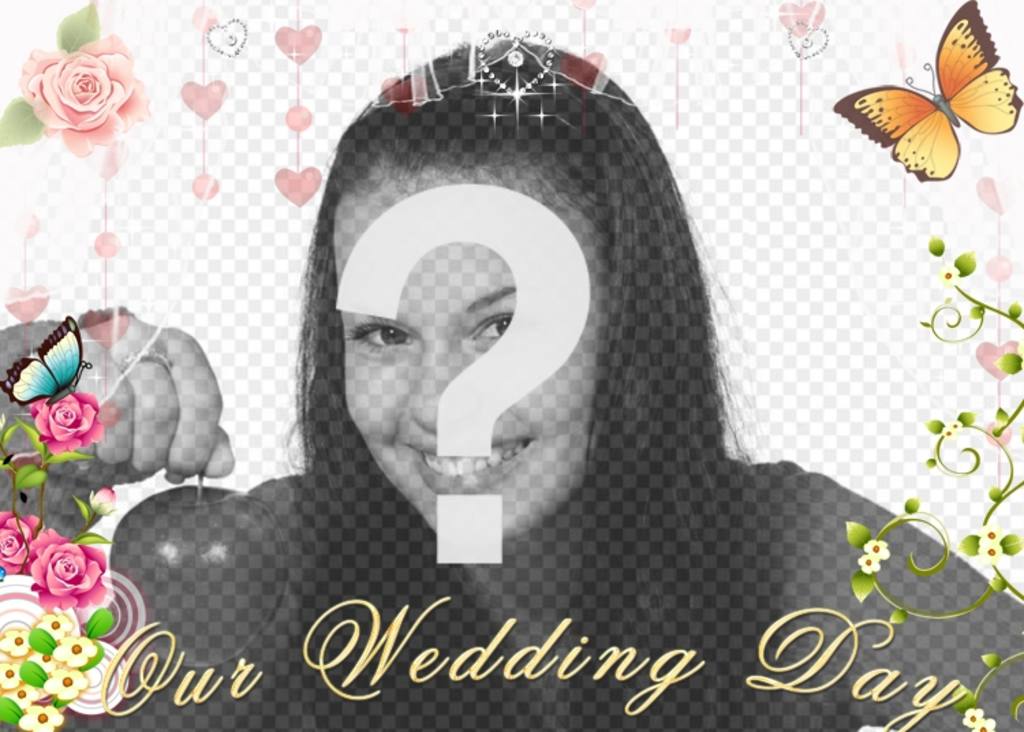 Crea tu tarjeta de boda con esta decoración para foto con el texto: our wedding day...