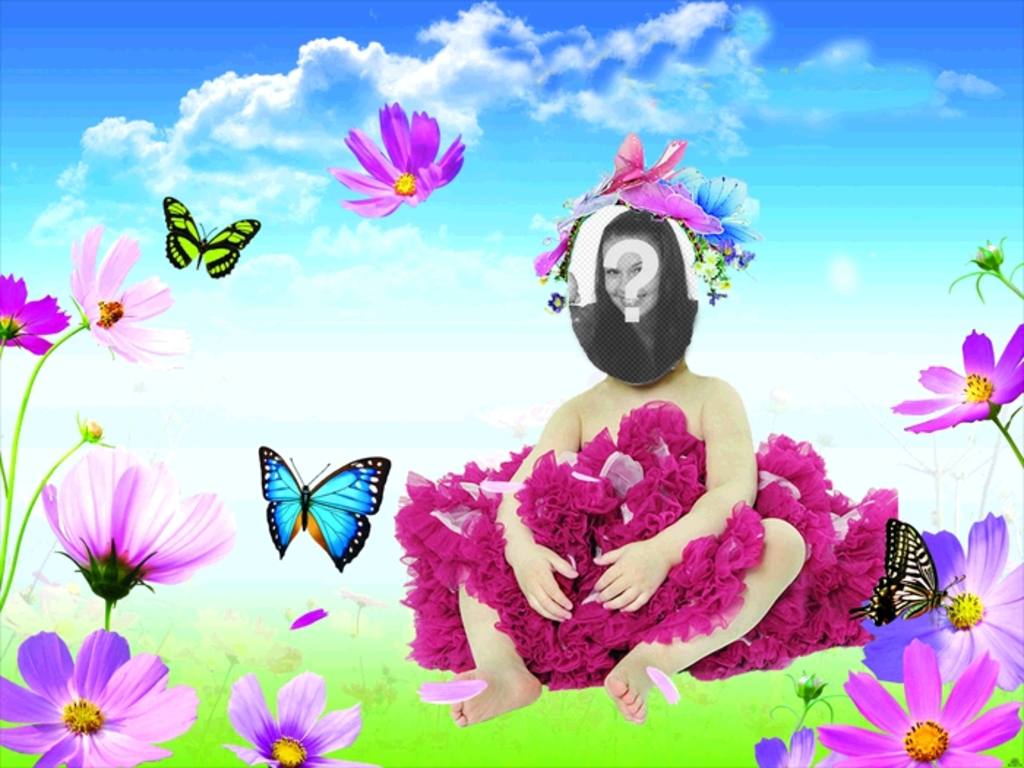 Disfraz online para bebes en el que aparecen una mariposa azul y otra verde, en lo que imita un prado, con flores en primer plano y un cielo azul claro con nubes..
