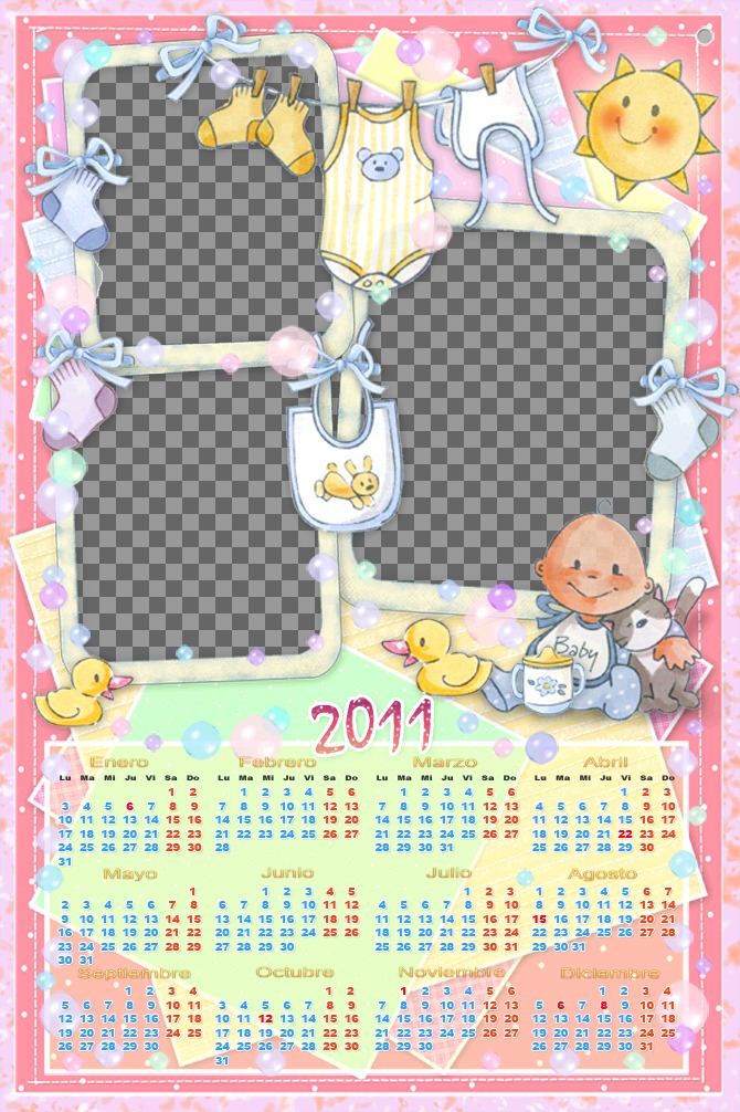 Calendario personalizable con 3 fotos del año 2011. Especialmente para bebes niña, por el color rosa predominante...