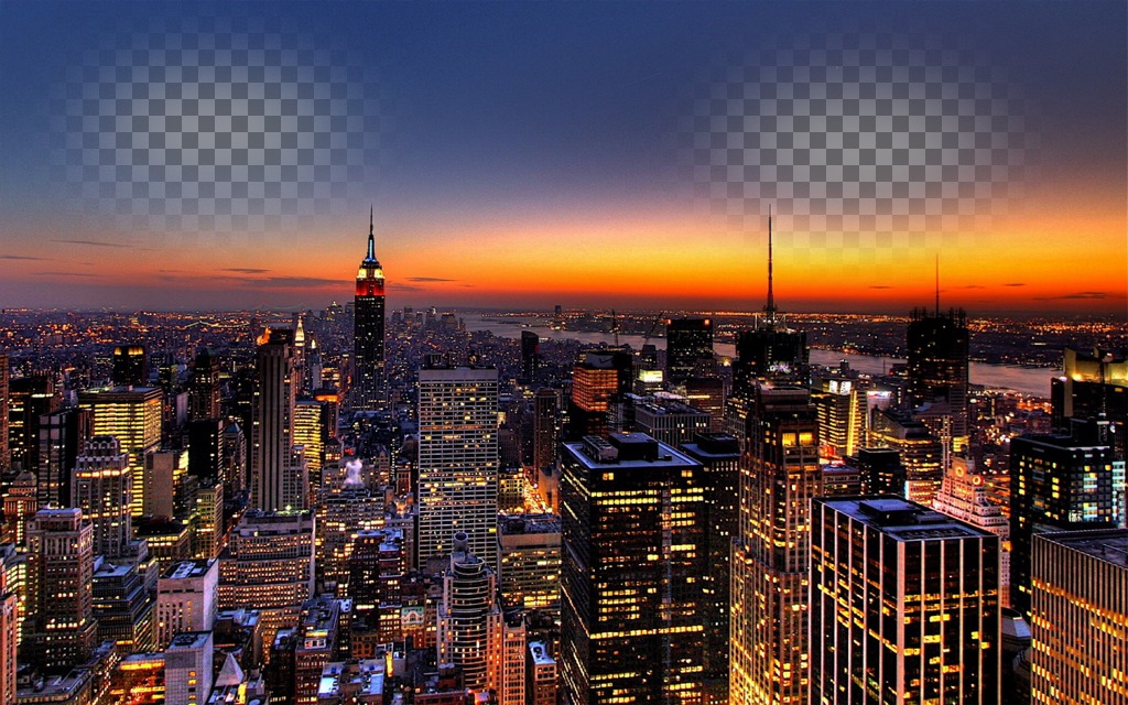 En este collage Tu foto aparece dos veces, fundida en el cielo de Nueva York. Espectacular imagen de un atardecer con las luces de los rascacielos..