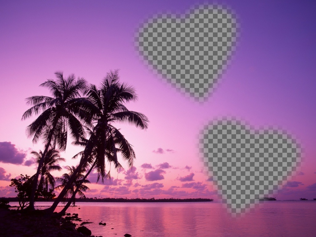 Tarjeta en la que podrás poner dos fotos con forma de corazón con un idílico paisaje de mar y palmera en tonos..