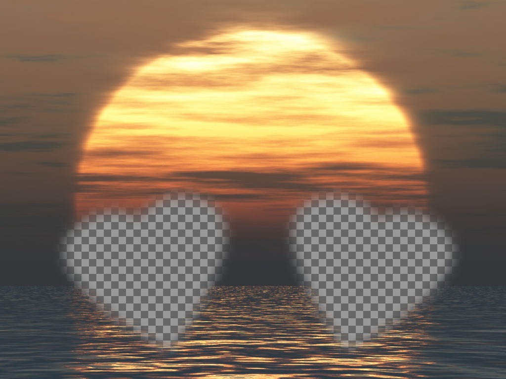 Tarjeta personalizable con dos fotos con forma de corazón con una puesta de sol y el mar de..