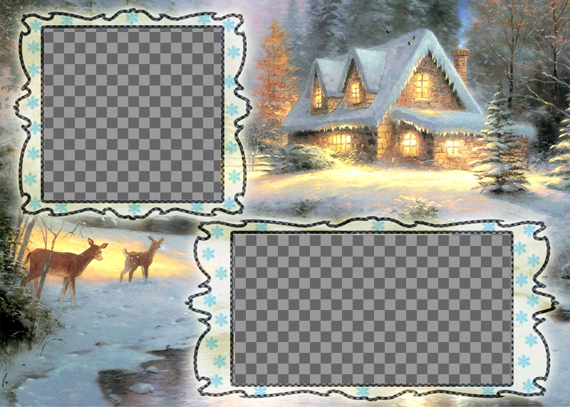 Tarjeta de Navidad en la que podrás poner dos fotos, fondo de pueblo nevado y unos..