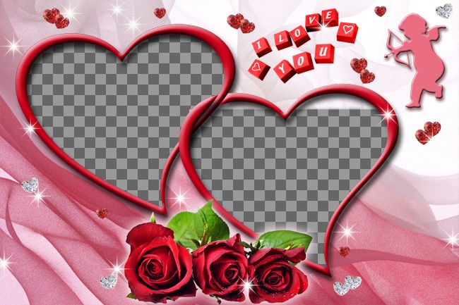Fotomontaje de dos fotos en forma de corazón, con rosas y fondo de color..
