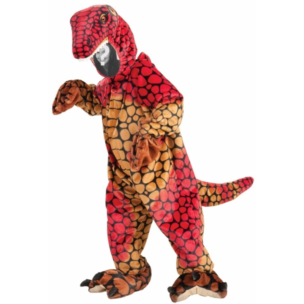 Crea fotomontajes con esta fotografía de un niño disfrazado de dinosaurio anaranjado. ..