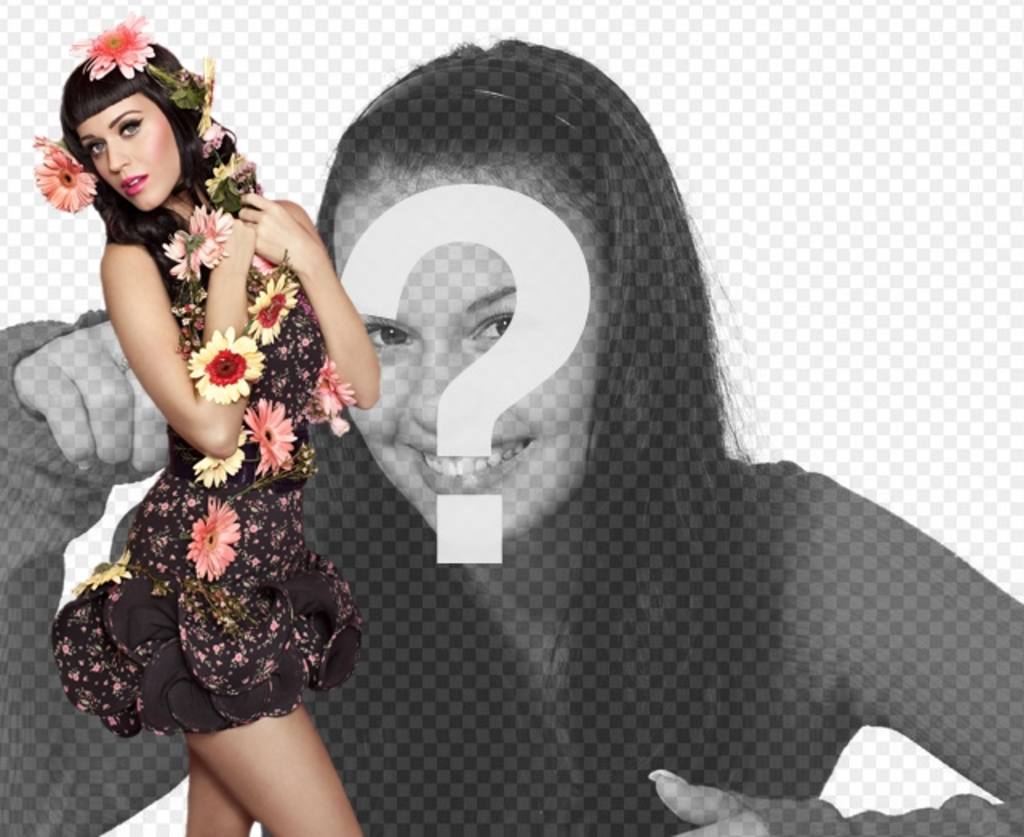 Fotomontaje con la cantante Katy Perry repleta de flores estilo Pin Up con vestido negro y con el pelo negro con..
