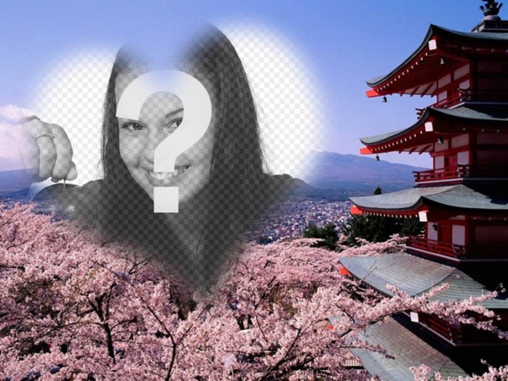 Fotomontaje en Japón con flores de almendro en Fujiyama y un marco con forma de corazón en el que colocar tu..