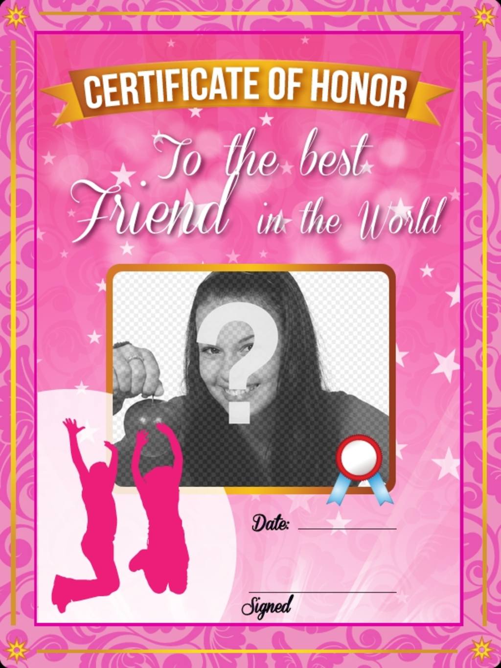 Certificado rosa con brillos para regalar a tu mejor amiga y poner una foto y texto..