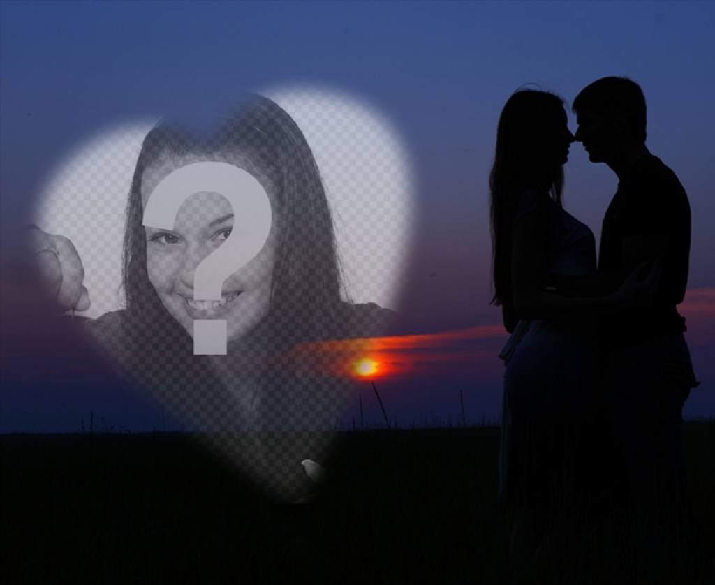 Fotomontaje con una pareja de enamorados con una puesta de sol de fondo y un corazón donde poner una foto..