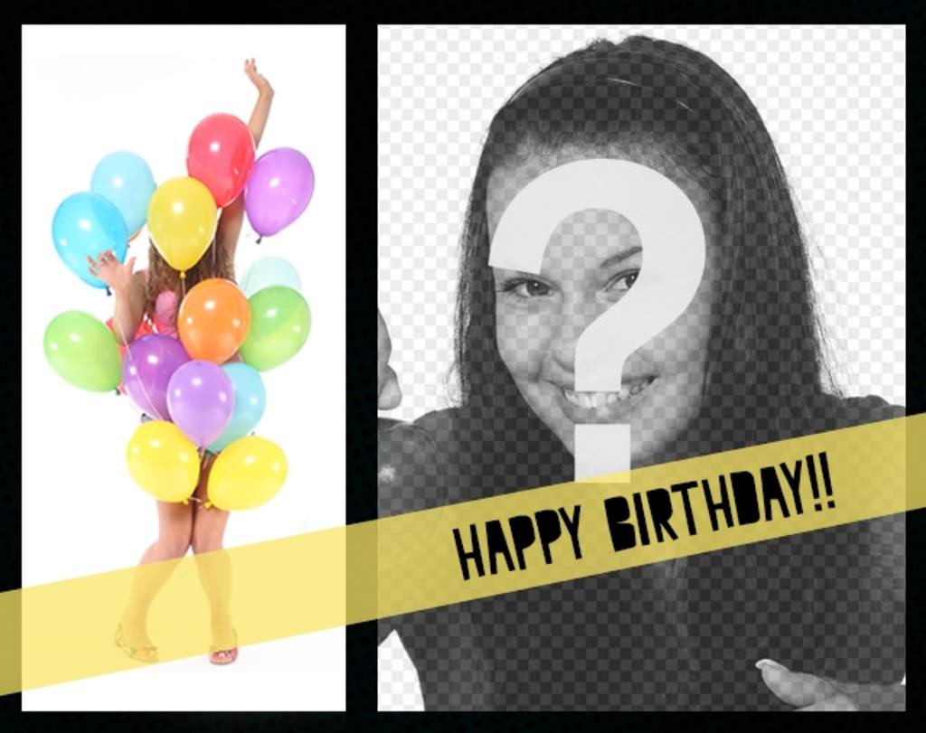 Postal de felicitación de cumpleaños con una chica cubierta de globos de colores y un marco de fotos donde colocar la foto que..