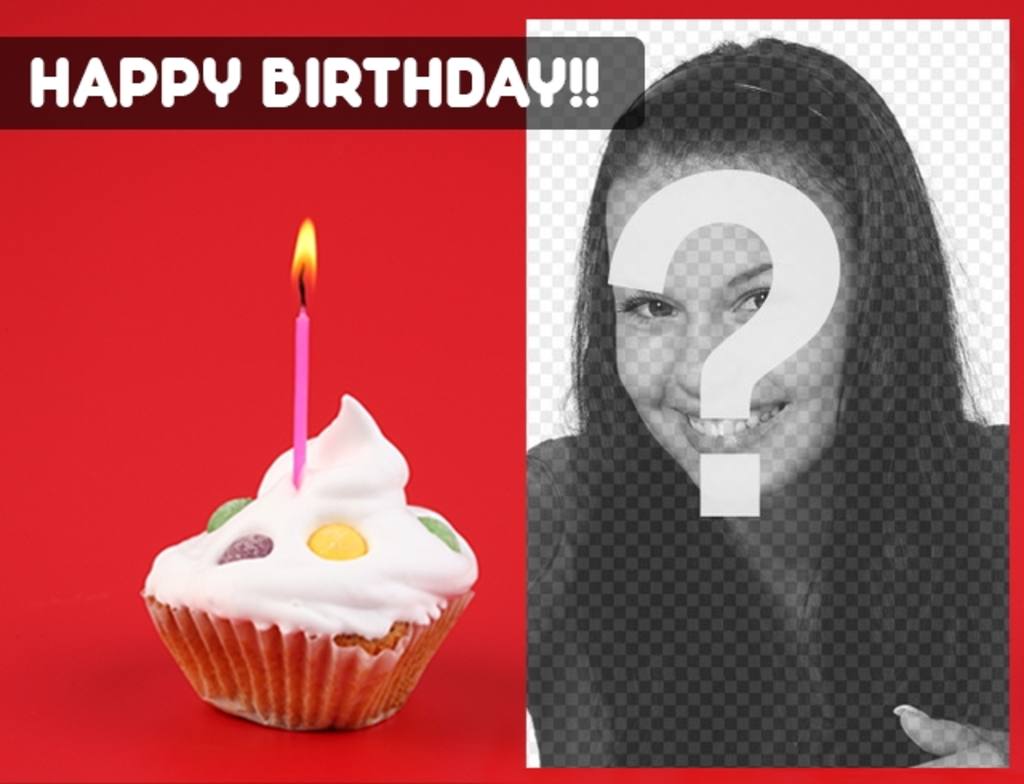 Postal de cumpleaños con fondo rojo y un pastelito con una vela. ..