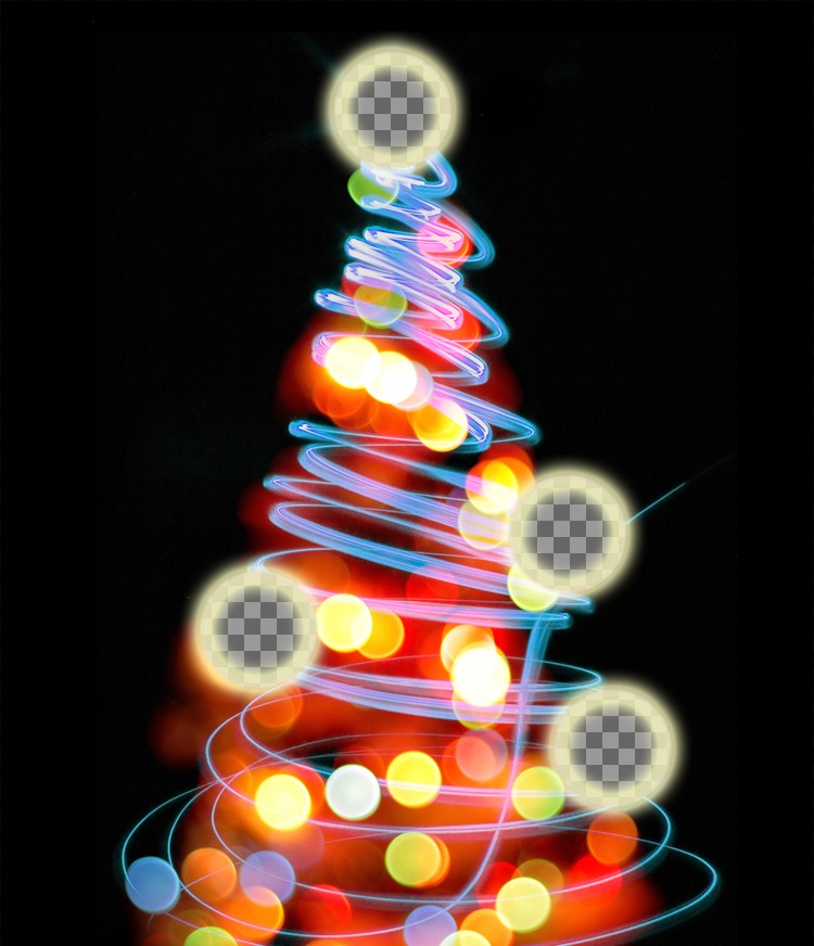 Fotomontaje de árbol de Navidad en el que puedes poner 4 fotos en las bolas..